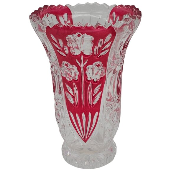 Fifth Avenue Crystal Red Rosaline Ruby Red Floral Vase 6" Scalloped Floral J13 - Picture 2 of 6